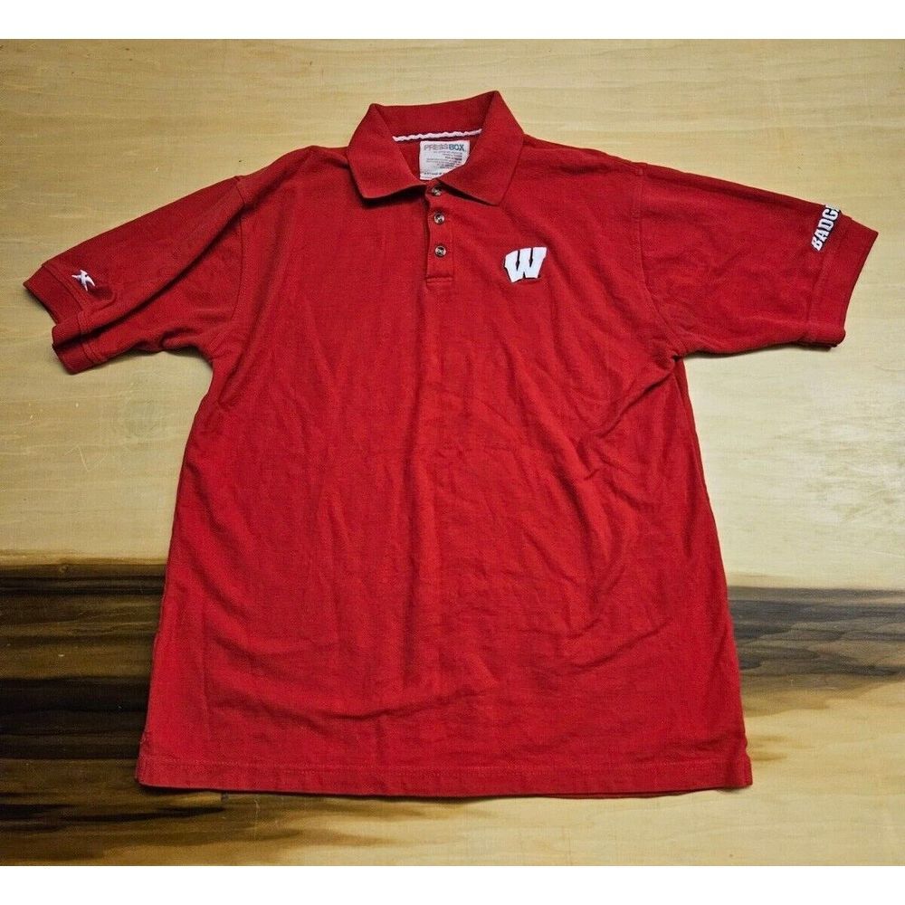 Wisconsin Badgers Polo Press Box Shirt Red Logo‎ Mens Large
